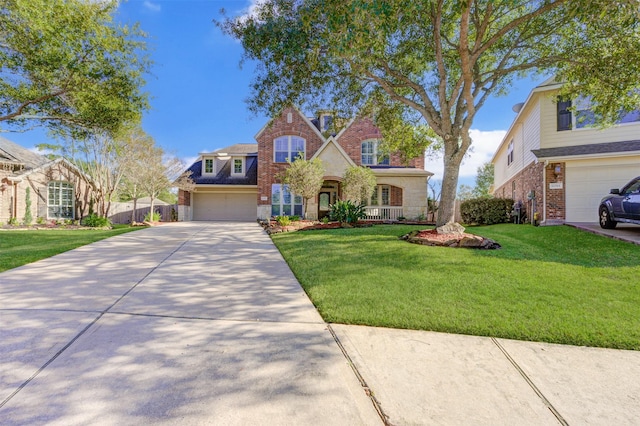 view of front facade featuring an attached garage, brick siding, fence, concrete driveway, and a front yard