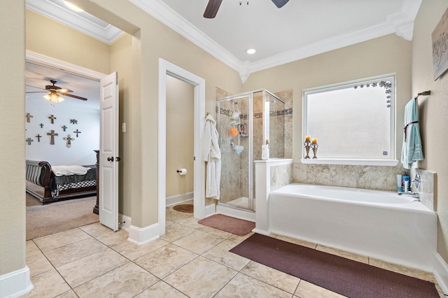 ensuite bathroom with ornamental molding, ensuite bath, and a shower stall