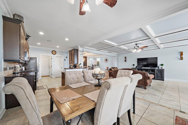 dining space with baseboards, coffered ceiling, ceiling fan, light tile patterned flooring, and recessed lighting