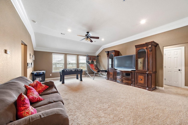 living room with light carpet, visible vents, ornamental molding, and lofted ceiling