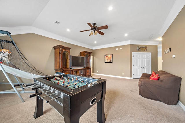 game room featuring recessed lighting, light carpet, visible vents, and baseboards