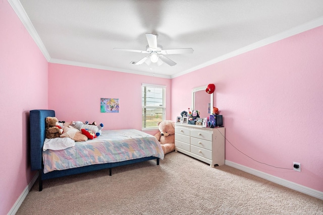 bedroom featuring light carpet, ornamental molding, a ceiling fan, and baseboards