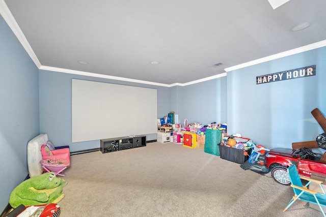 rec room featuring carpet flooring, visible vents, and crown molding