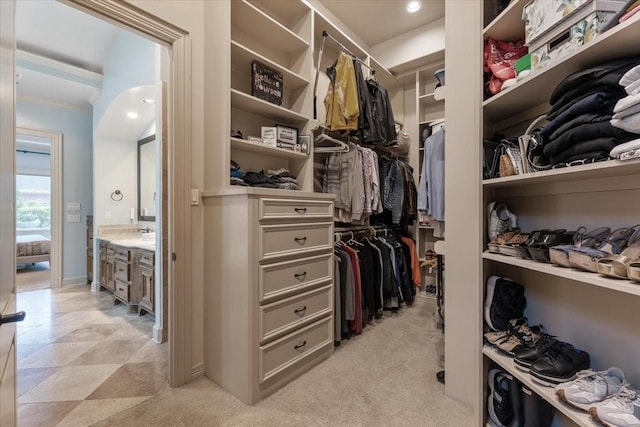 walk in closet with light colored carpet