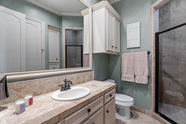 full bath with backsplash, a shower stall, toilet, ornamental molding, and vanity