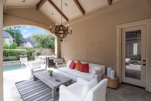 view of patio / terrace featuring outdoor dining area, a fenced in pool, outdoor lounge area, and fence