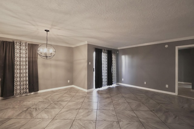 unfurnished room with crown molding, a textured ceiling, baseboards, and an inviting chandelier