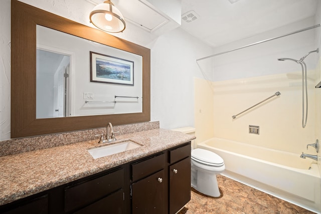 full bathroom with visible vents, shower / bath combination, vanity, and toilet