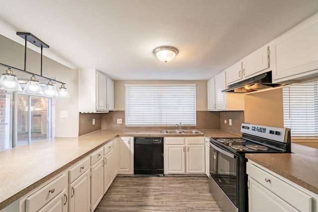 kitchen with black dishwasher, stainless steel electric range oven, under cabinet range hood, white cabinetry, and a sink