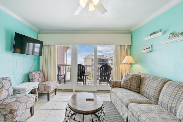 living area with light tile patterned floors, ornamental molding, and a ceiling fan