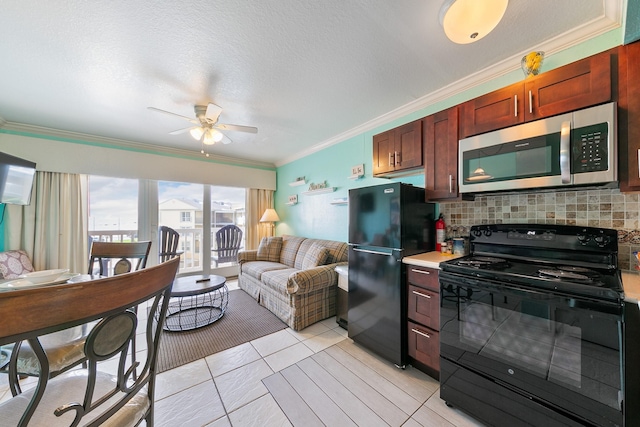 kitchen with tasteful backsplash, light countertops, ornamental molding, open floor plan, and black appliances