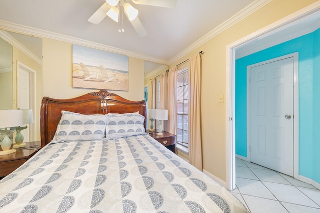 bedroom with tile patterned flooring, crown molding, baseboards, and ceiling fan