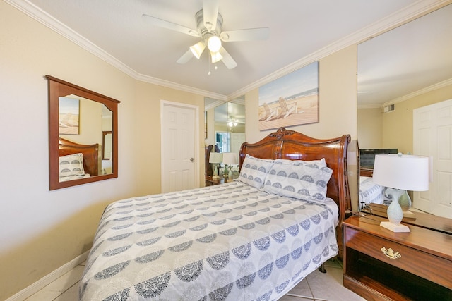 tiled bedroom featuring ornamental molding, visible vents, baseboards, and a ceiling fan