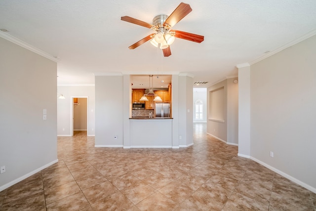 unfurnished living room featuring ceiling fan, baseboards, and crown molding