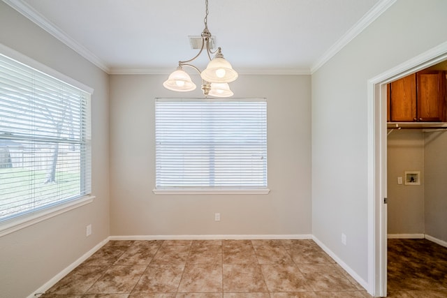 unfurnished dining area featuring a chandelier, light tile patterned floors, crown molding, and baseboards