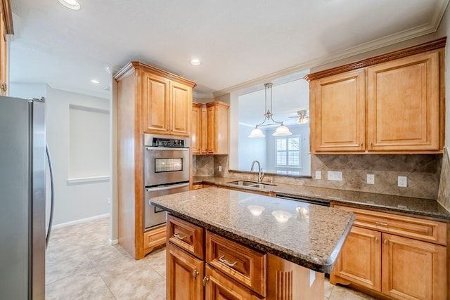 kitchen featuring light tile patterned floors, decorative backsplash, dark stone counters, stainless steel appliances, and a sink