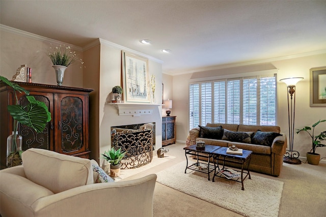 carpeted living room featuring baseboards, a fireplace with flush hearth, and crown molding