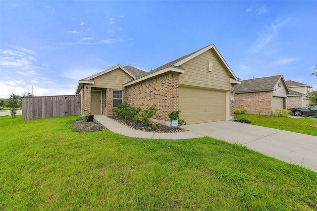 ranch-style house featuring driveway, a garage, a front lawn, and brick siding