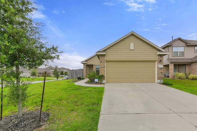 view of front of house with a garage, concrete driveway, fence, a front lawn, and brick siding