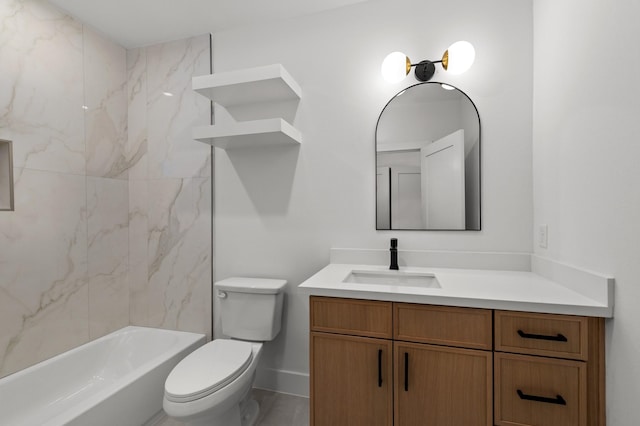 full bathroom featuring toilet,  shower combination, vanity, and baseboards