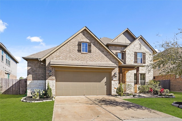 view of front of house featuring concrete driveway, stone siding, fence, a front lawn, and brick siding