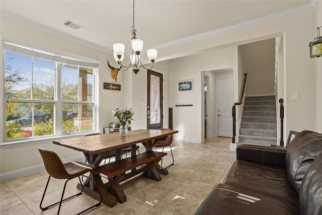 dining room with a notable chandelier, visible vents, stairway, ornamental molding, and baseboards