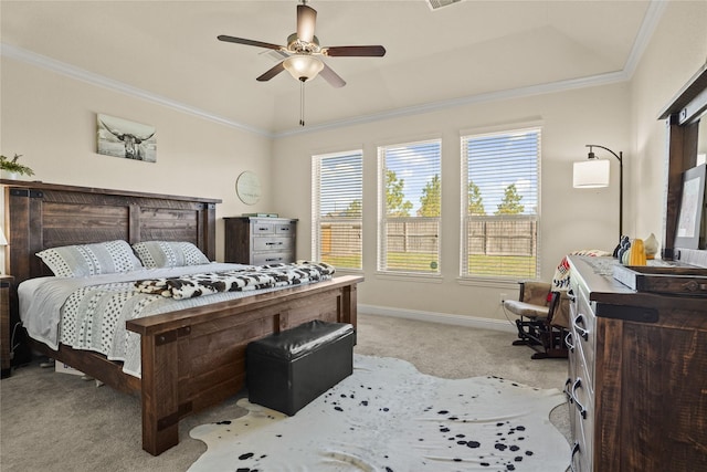 bedroom with carpet floors, baseboards, ornamental molding, and a raised ceiling