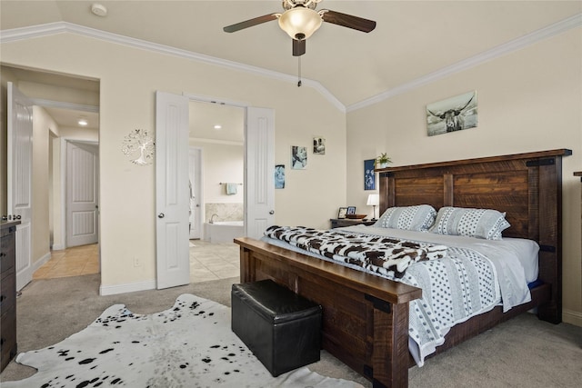 bedroom with lofted ceiling, baseboards, ornamental molding, and light colored carpet