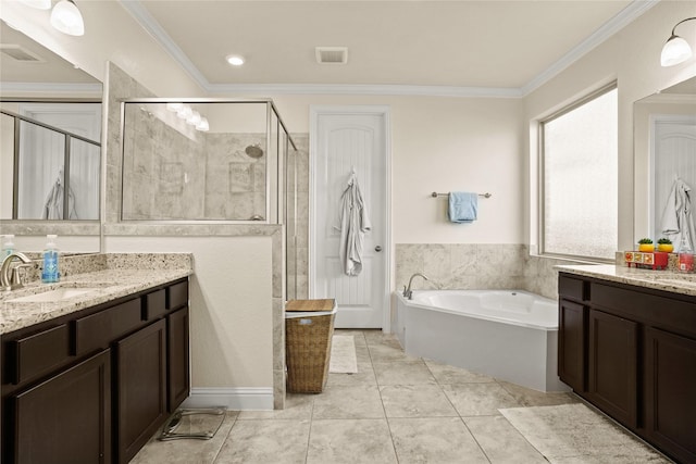 full bathroom featuring visible vents, ornamental molding, a garden tub, vanity, and a shower stall