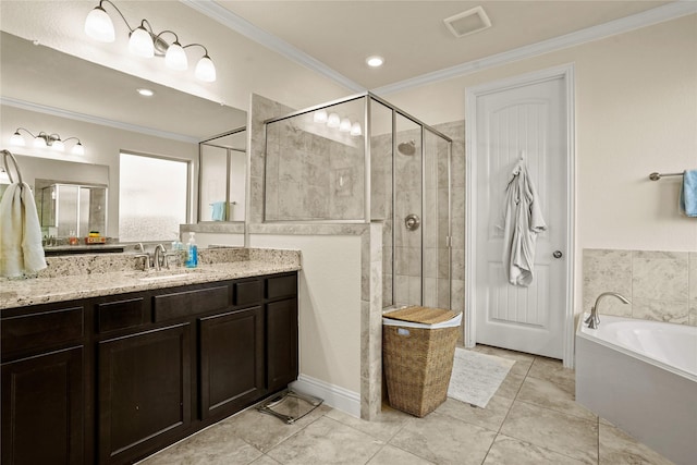 bathroom featuring a stall shower, visible vents, crown molding, vanity, and a bath