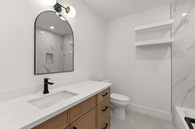 bathroom with a shower, toilet, tile patterned flooring, a bathtub, and vanity