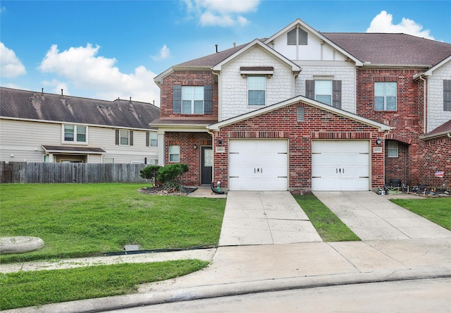 view of front of house with brick siding, fence, a garage, driveway, and a front lawn