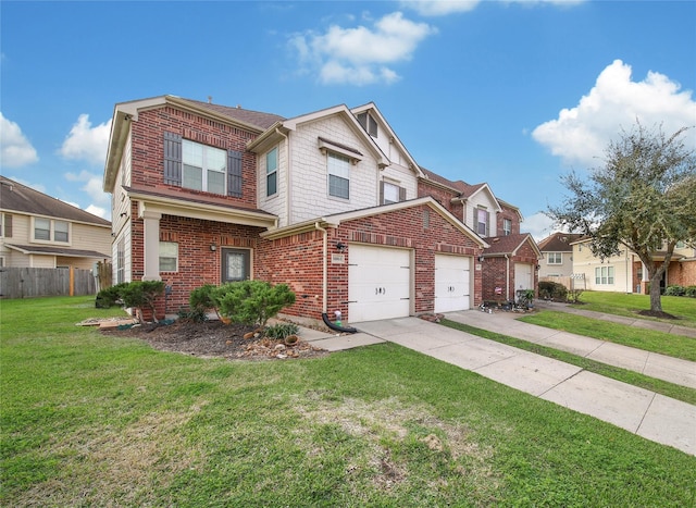 view of front of home featuring a garage, brick siding, fence, driveway, and a front lawn