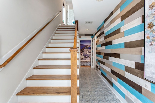 stairs featuring recessed lighting and visible vents