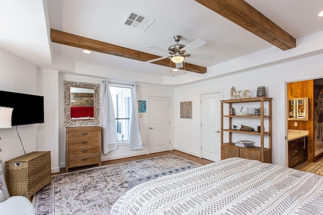 bedroom with beam ceiling, recessed lighting, visible vents, and baseboards