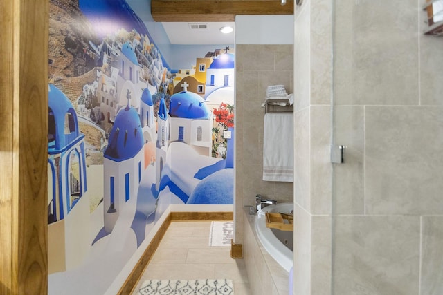 full bath featuring tile patterned floors, a garden tub, a shower, and visible vents