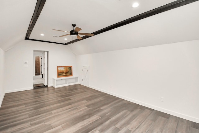 additional living space featuring recessed lighting, a ceiling fan, vaulted ceiling, wood finished floors, and baseboards