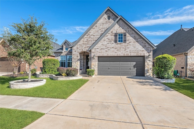 french provincial home with a garage, driveway, brick siding, and a front yard