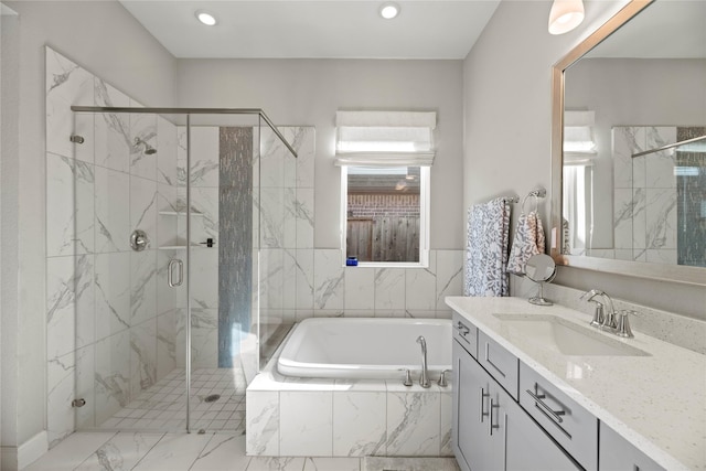 full bath with marble finish floor, a marble finish shower, recessed lighting, vanity, and a bath