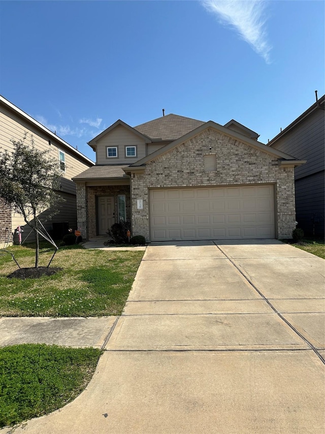 view of front of house featuring brick siding, concrete driveway, and a garage