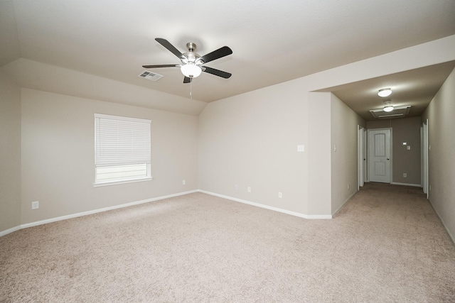3734 Giorgio Pastel Pl, Katy, TX 77493 - unfurnished room featuring baseboards, visible vents, lofted ceiling, ceiling fan, and light colored carpet