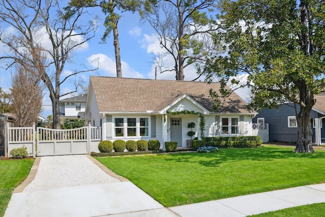 view of front of home with driveway, a shingled roof, a gate, fence, and a front lawn