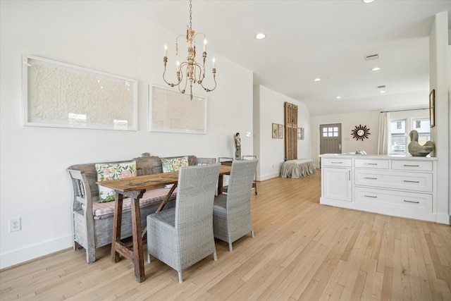 dining space featuring breakfast area, recessed lighting, light wood-style floors, and baseboards