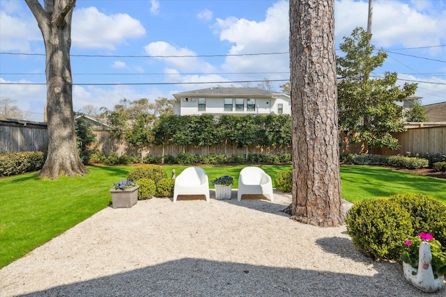 view of yard with a fenced backyard and a patio