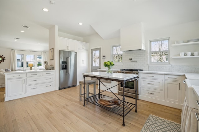 kitchen featuring premium range hood, premium appliances, light wood finished floors, and backsplash