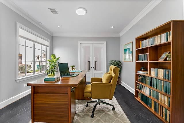 office area with recessed lighting, visible vents, baseboards, french doors, and crown molding