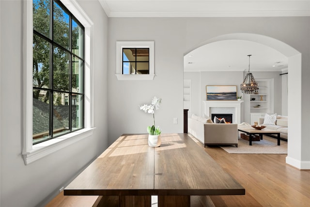 dining room featuring a healthy amount of sunlight, a lit fireplace, built in features, and wood finished floors