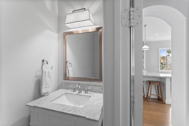 bathroom featuring wood finished floors and vanity