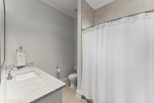 bathroom featuring visible vents, toilet, tile patterned floors, crown molding, and vanity