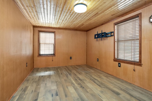 empty room with hardwood / wood-style flooring, wood ceiling, and wood walls